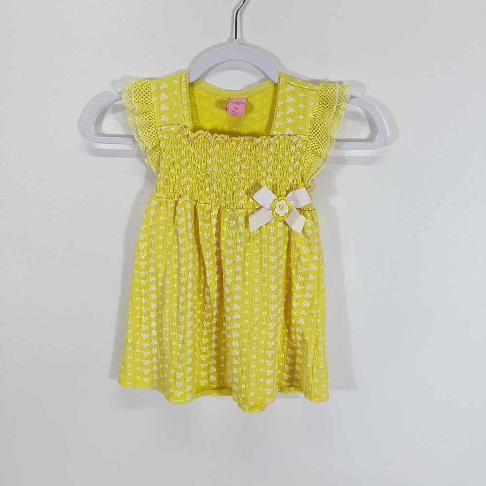 Copper Key Girls Yellow Floral Crinkle Smocked Dress Lace Trim Flutter Sleeve 6X